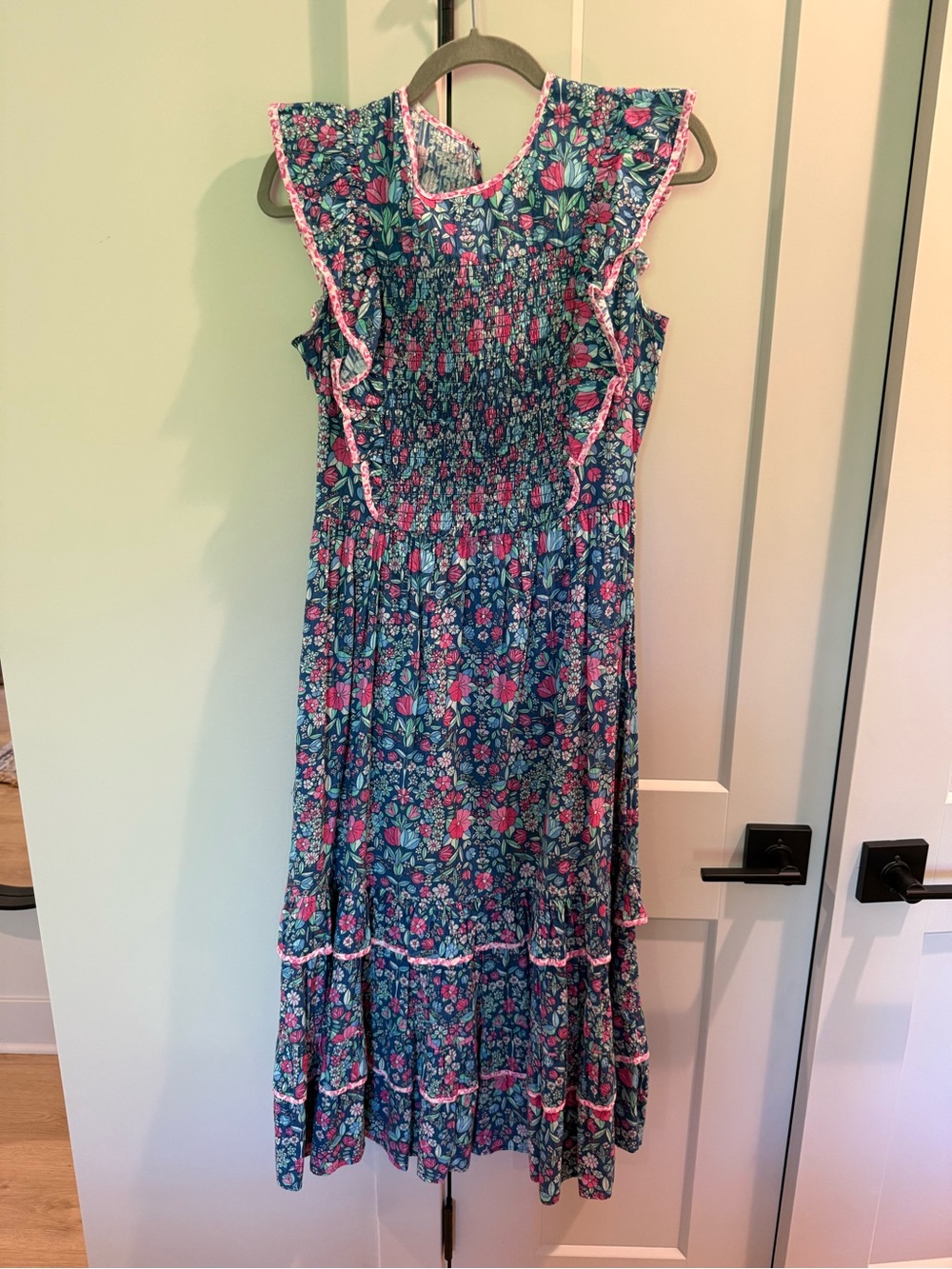 Shoshanna Blue Floral Ruffled Maxi Dress with Pink Accents